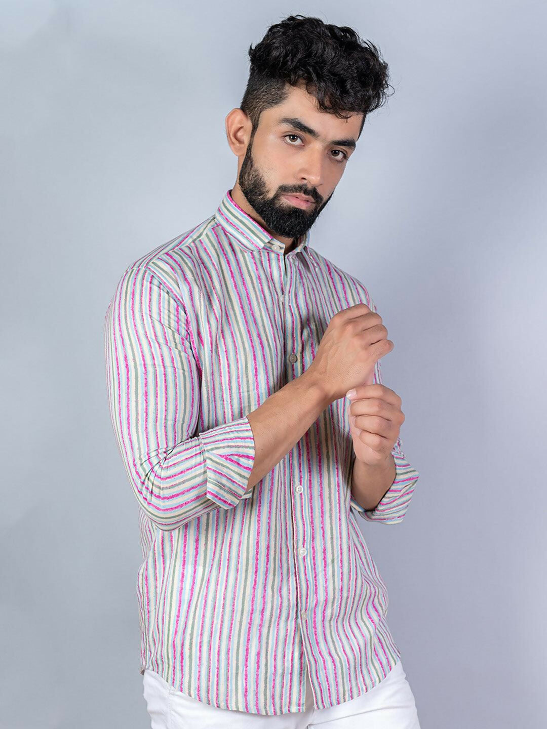 Miravan Men's Regular Fit Multi Stripe Cotton Button Down Full Sleeve Slim Fit Shirt