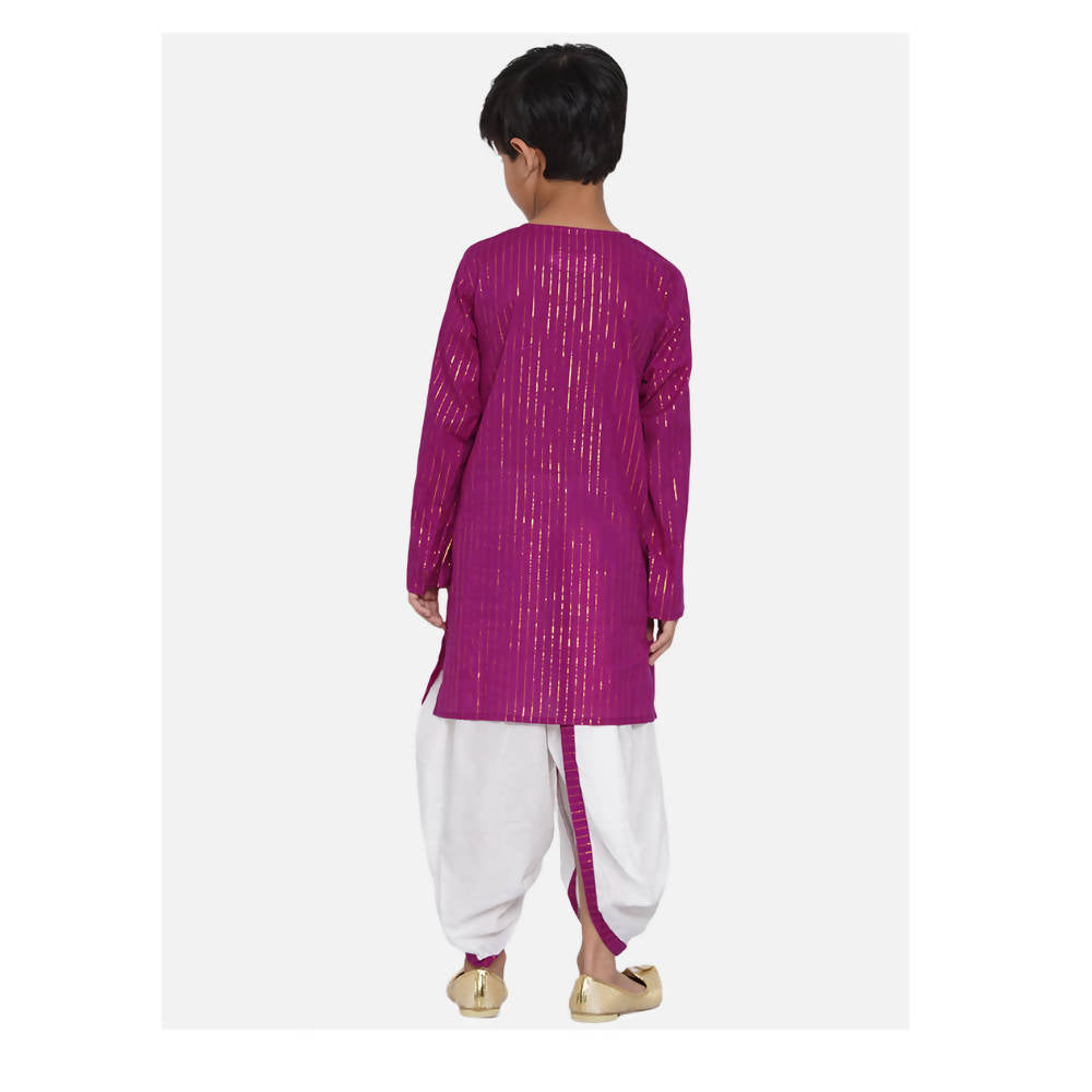Little Bansi Boys Golden Striped Kurta and Dhoti - Purple and Cream