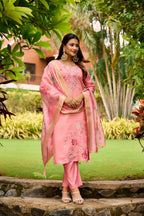 The52 Women's Beautiful Embroidery Work Roman Fabric Straight Kurta Pant and Dupatta Set - Distacart