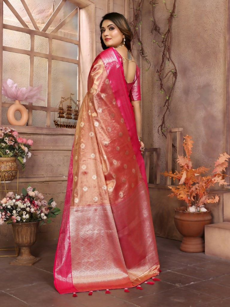 Anaita Pink Tissue Silk With Zari Weaving Saree With Blouse