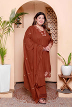 Miravan Womens Plus Size Embroidered Cotton Kurta with palazzo & Dupatta Set