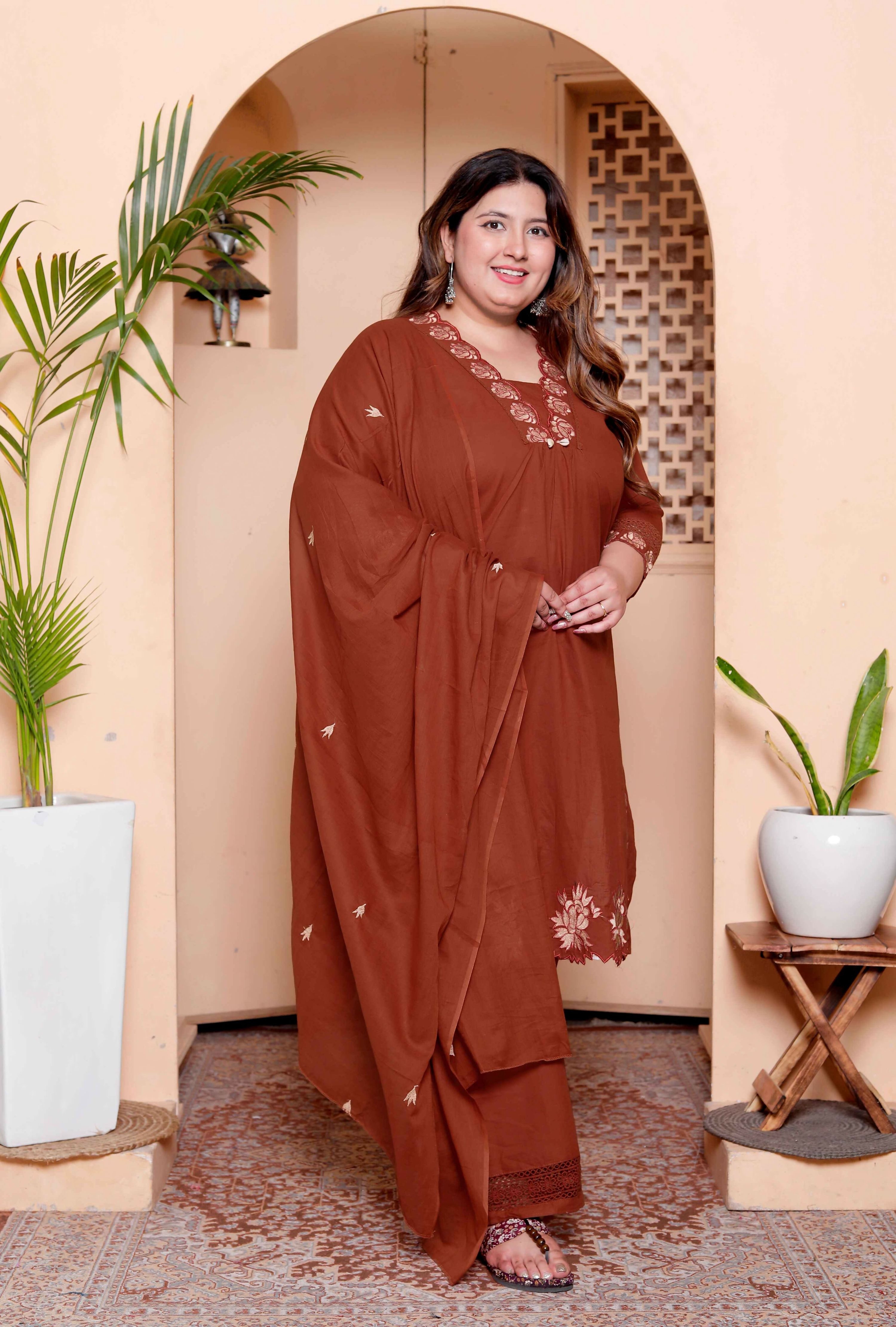 Miravan Womens Plus Size Embroidered Cotton Kurta with palazzo & Dupatta Set