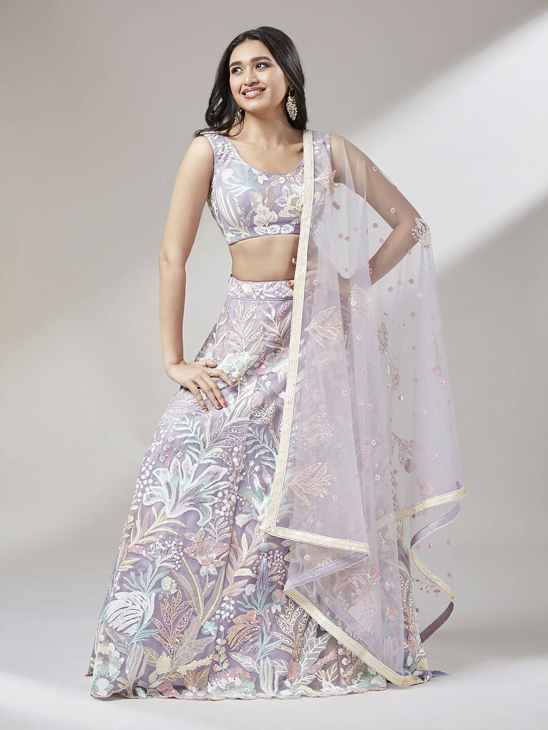 House of Panchhi Muave Net Sequinse Work Lehenga & Blouse with Dupatta