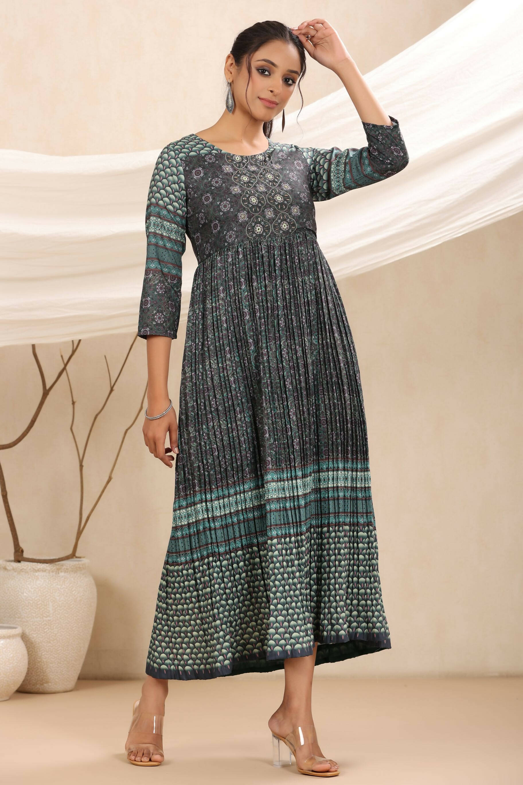 Juniper Bottle Green Muslin Festive Printed Flared Dress For Women - Distacart