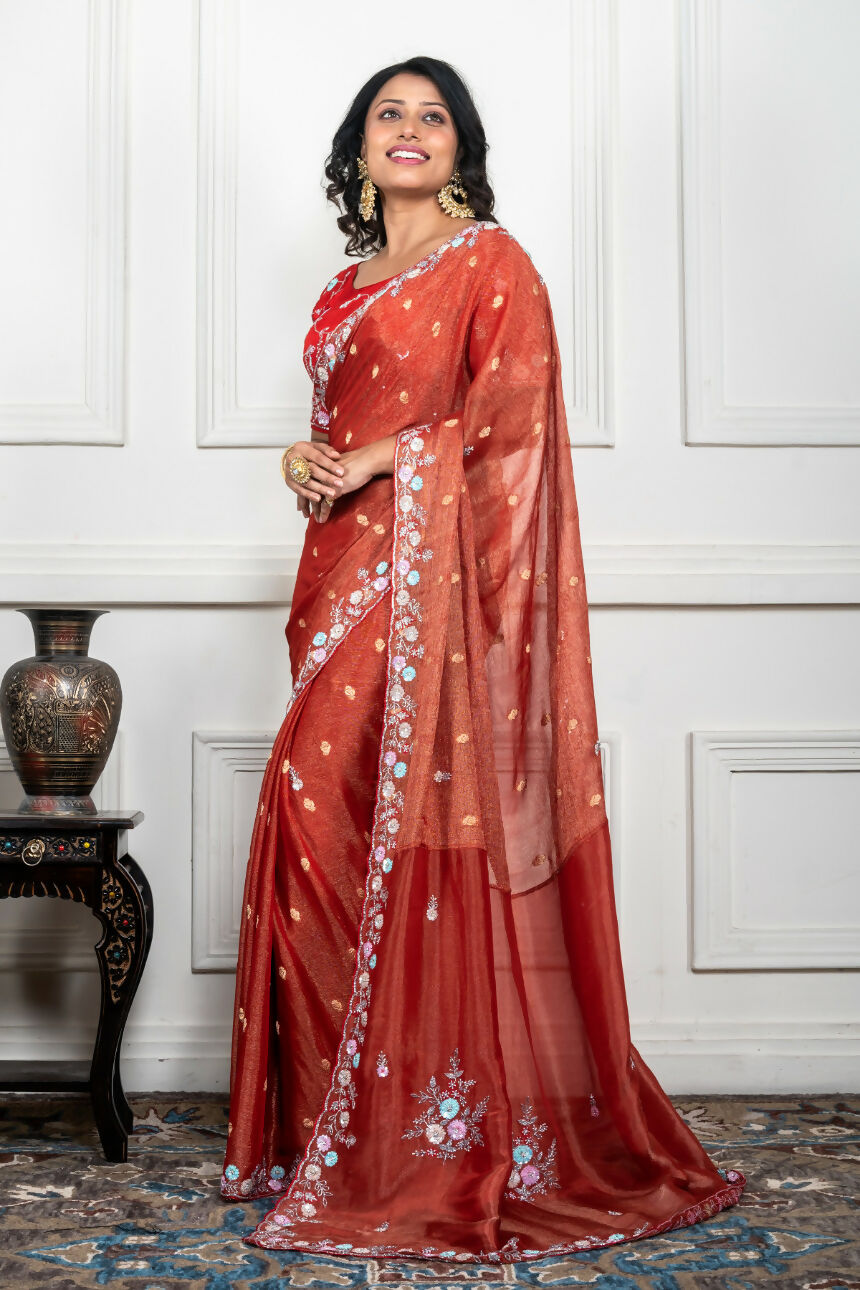 Morchari Rust Red Pure Chiffon Hand Embroidery Saree And Stitched Blouse - Distacart