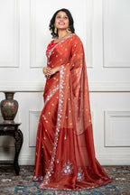 Morchari Rust Red Pure Chiffon Hand Embroidery Saree And Stitched Blouse - Distacart