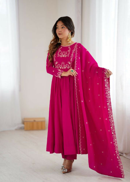 The52 Women's Beautiful Embroidery Work Roman Chanderi Silk Fabric Flared Anarkali Pant and Dupatta Set