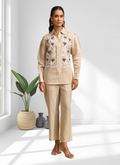 Joban Fashion Beige Linen Embroidered Readymade Cord Set - Distacart