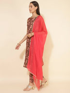 Janasya Women's Brown Crepe Digital Floral Printed Festive Straight Kurta Set
