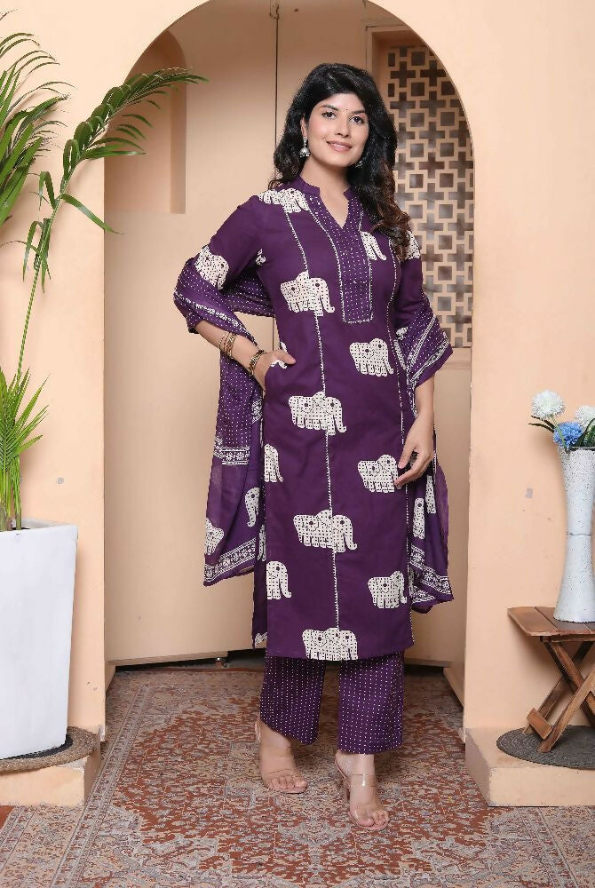 Miravan Womens Purple Cotton Animal Print Kurta With Palazzo And Dupatta - Distacart