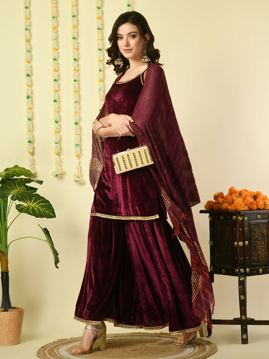 Myshka Women's Magenta Velvet Kurti & Sharara With Dupatta Party Sets