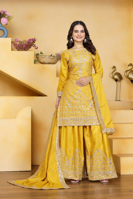 Teeya Creation Yellow Color Natural Crepe Silk Wedding Wear Trending Palazzo Set