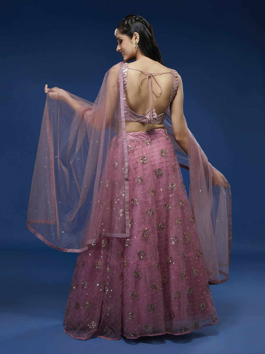 House of Panchhi Pink Net Sequinse Embroidered Lehenga & Blouse with Dupatta
