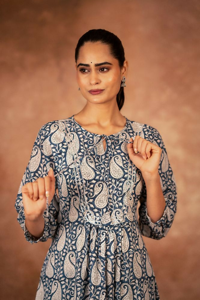 Joban Fashion Blue Floral Hand Block Printed Cotton Kurta Pant Set - Distacart