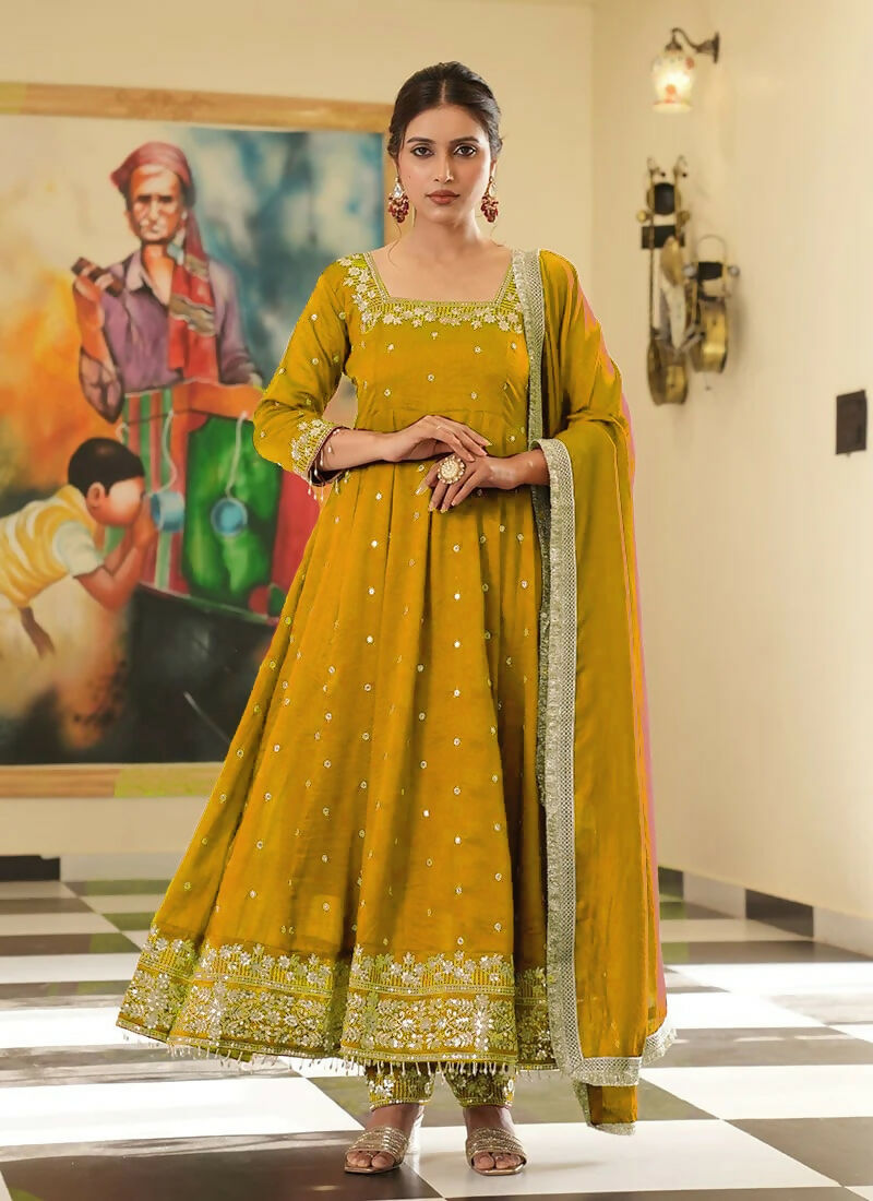 Teeya Creation Yellow Color Pure Vichitra Silk Embroidery Work Party Wear Gown - Distacart