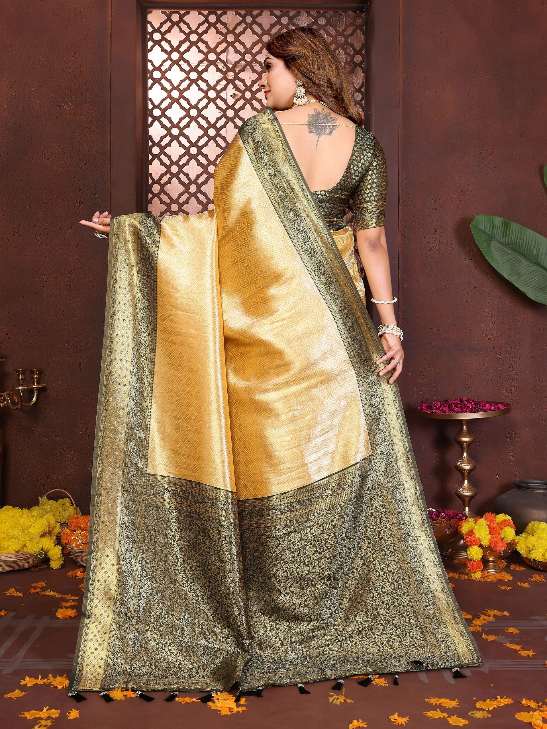 Aastha Fashion Cream Tissue Silk Woven Saree - Distacart