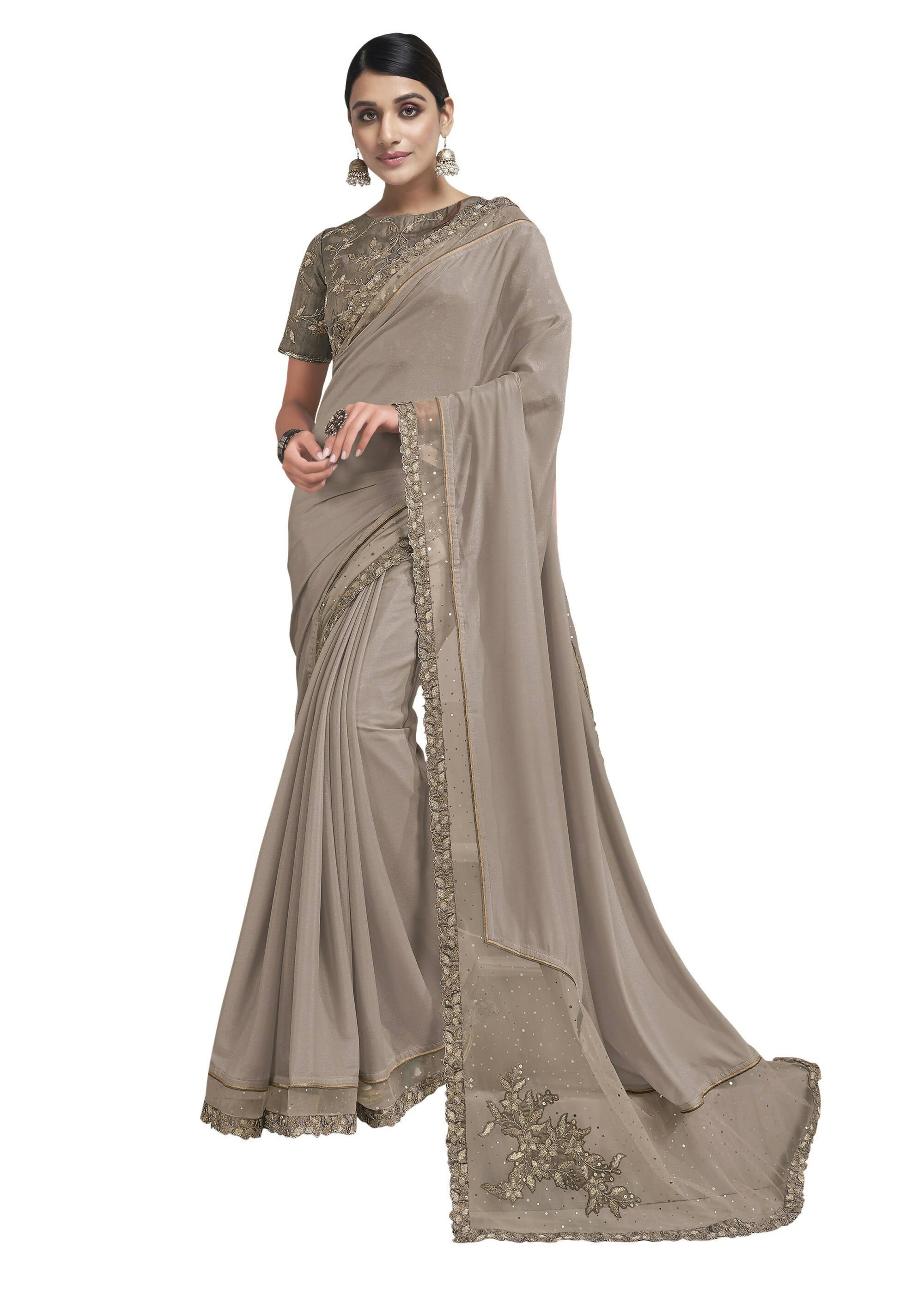 Beige Silk Georgette Embroidered Border Saree With Blouse Piece - Norita Avyaan
