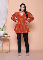 Miravan Womens Rust Floral Printed Balloon Sleeves V Neck Butterfly Top - Distacart