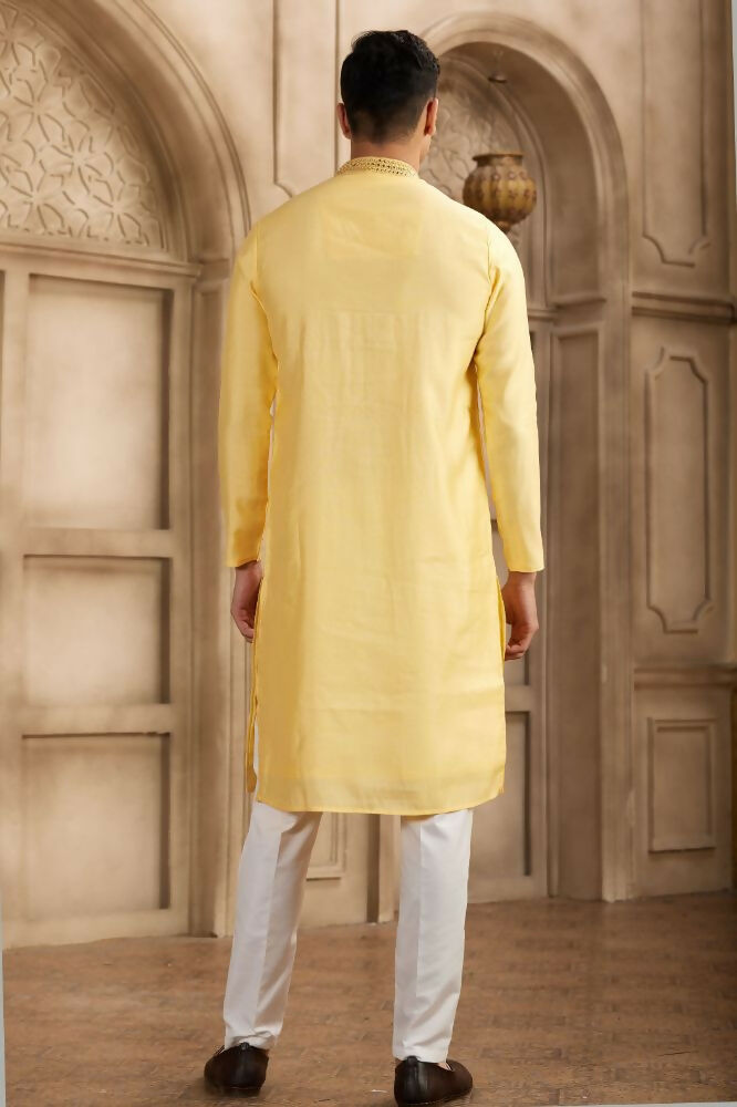 Raivat Ethnic Banarasi Art Silk Mirror Work Kurta Pajama In Yellow Colour