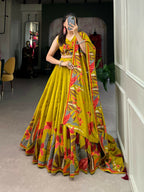 Vastranavya Polyester Viscose Chanderi Lehenga Choli With Intricate Print And Dupatta - Mustard