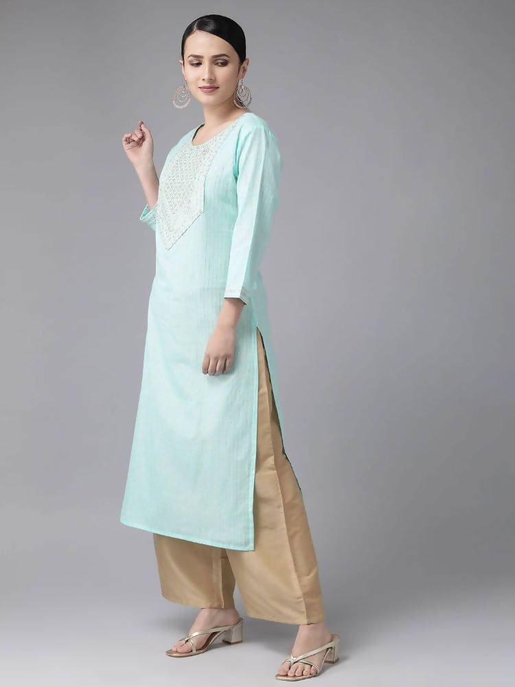 Yufta Women Turquoise Blue Yoke Design Mirror Work Kurta