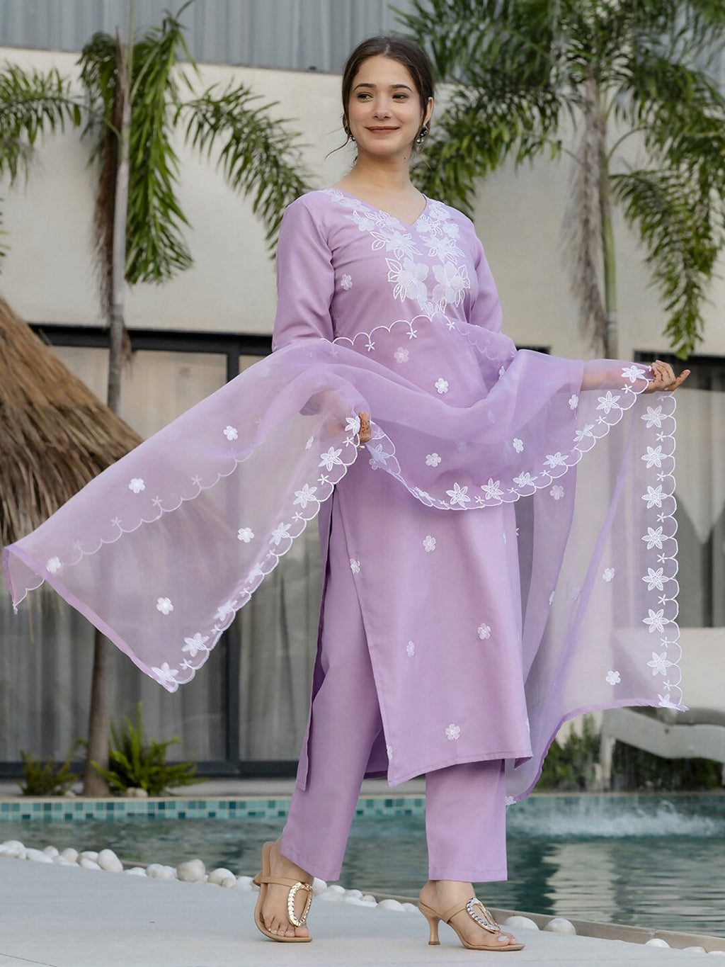 The52 Lavender Women's Beautiful Thread work Rayon Fabric with Straight Kurta, Pant and Dupatta Set - Distacart
