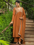 Janasya Brown Georgette Yoke Embroidery Kurta,Bottom & Dupatta