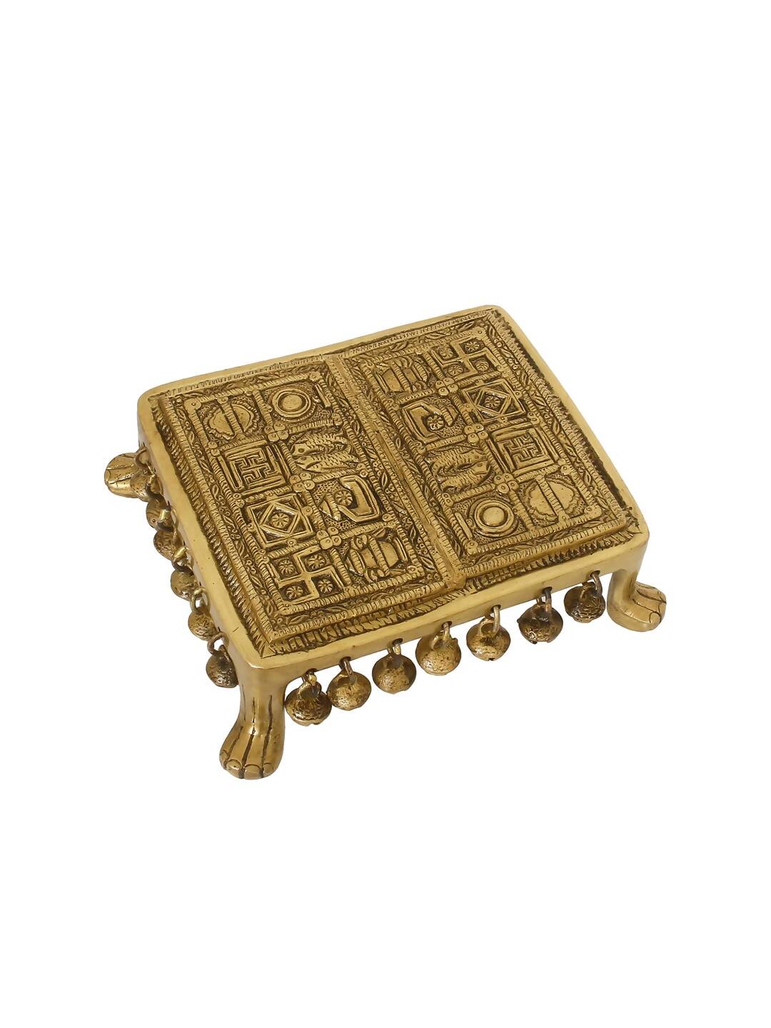 eCraftIndia Gold-Toned Handcrafted Brass Traditional Pooja Chowki With Bells