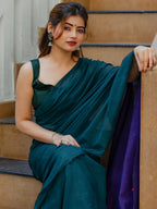 Zibaa Hand-Dyed Mul Cotton Peacock Green Saree with Tassels - Distacart