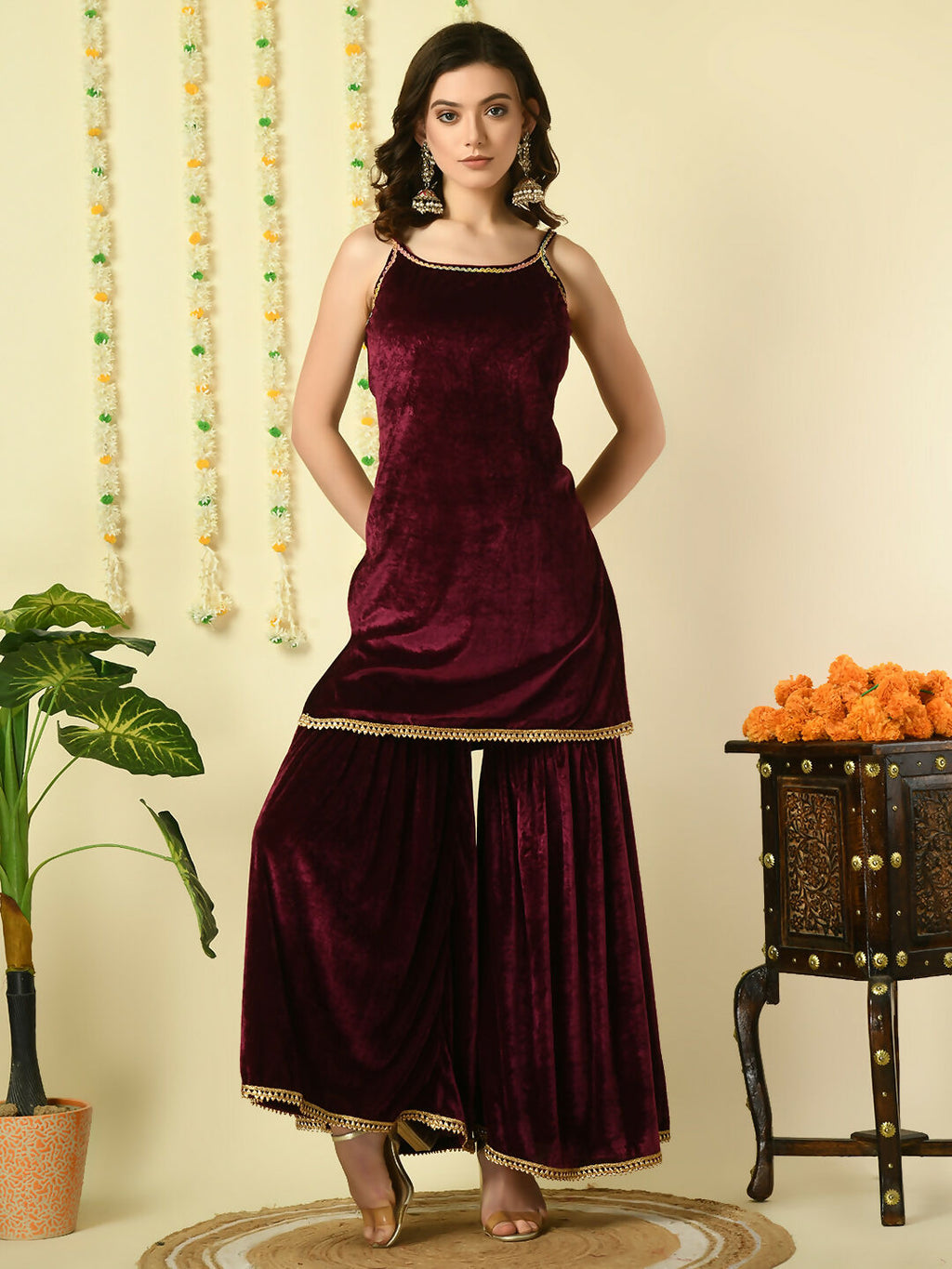 Myshka Women's Magenta Velvet Kurti & Sharara With Dupatta Party Sets