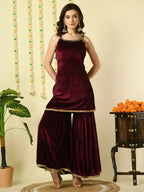 Myshka Women's Magenta Velvet Kurti & Sharara With Dupatta Party Sets
