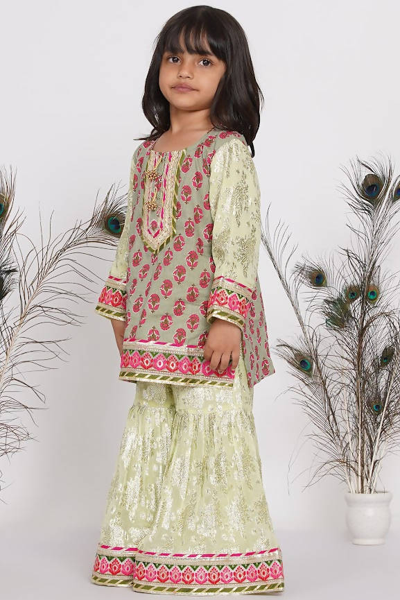 Little Bansi Girls Banarsi Cotton Turkish Lacework Kurta with Foil Sharara & Dupatta - Green