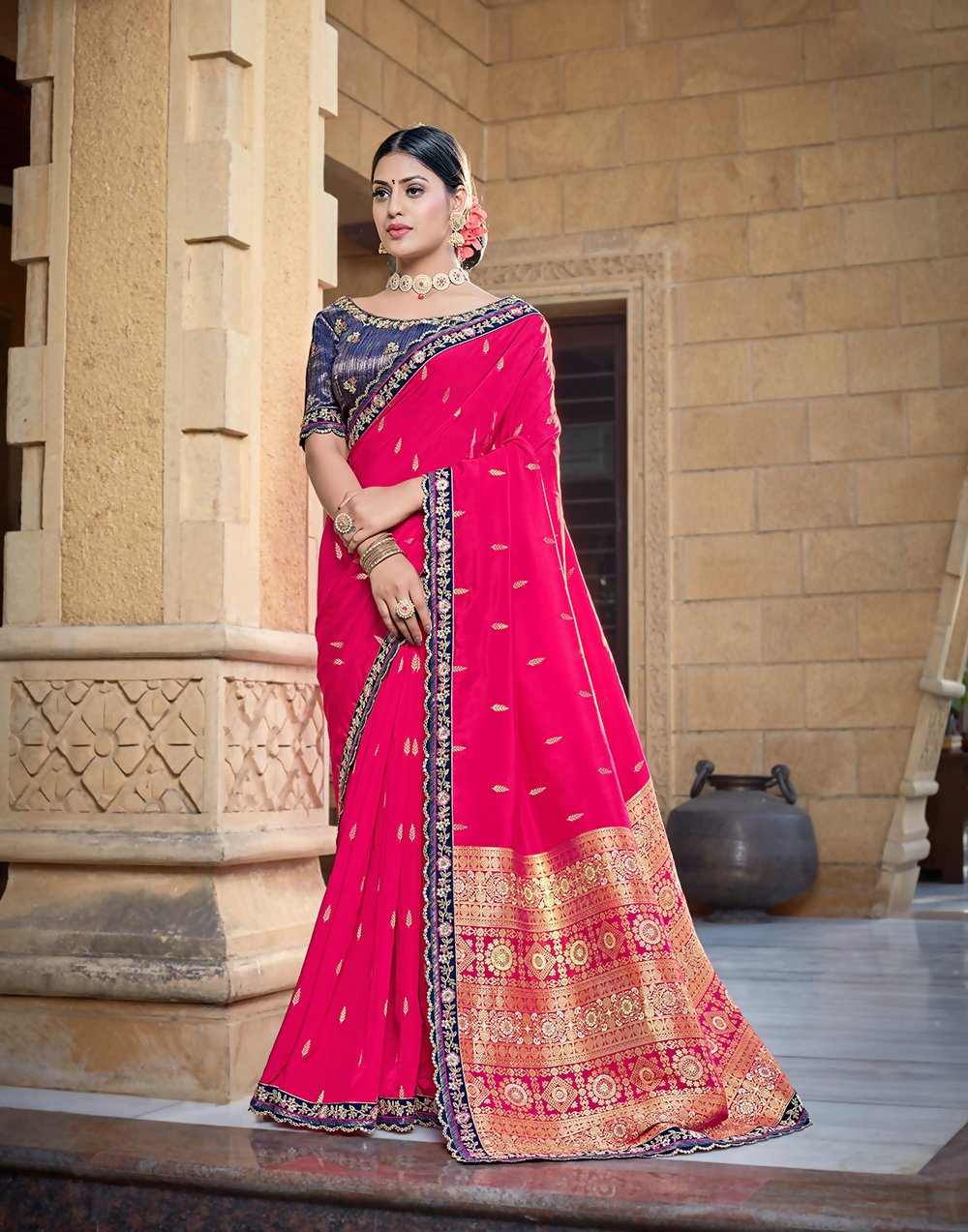 Pink Pure Viscose Weaved Silkresham , Zari And Cord Embroidery Saree - Norita Hit
