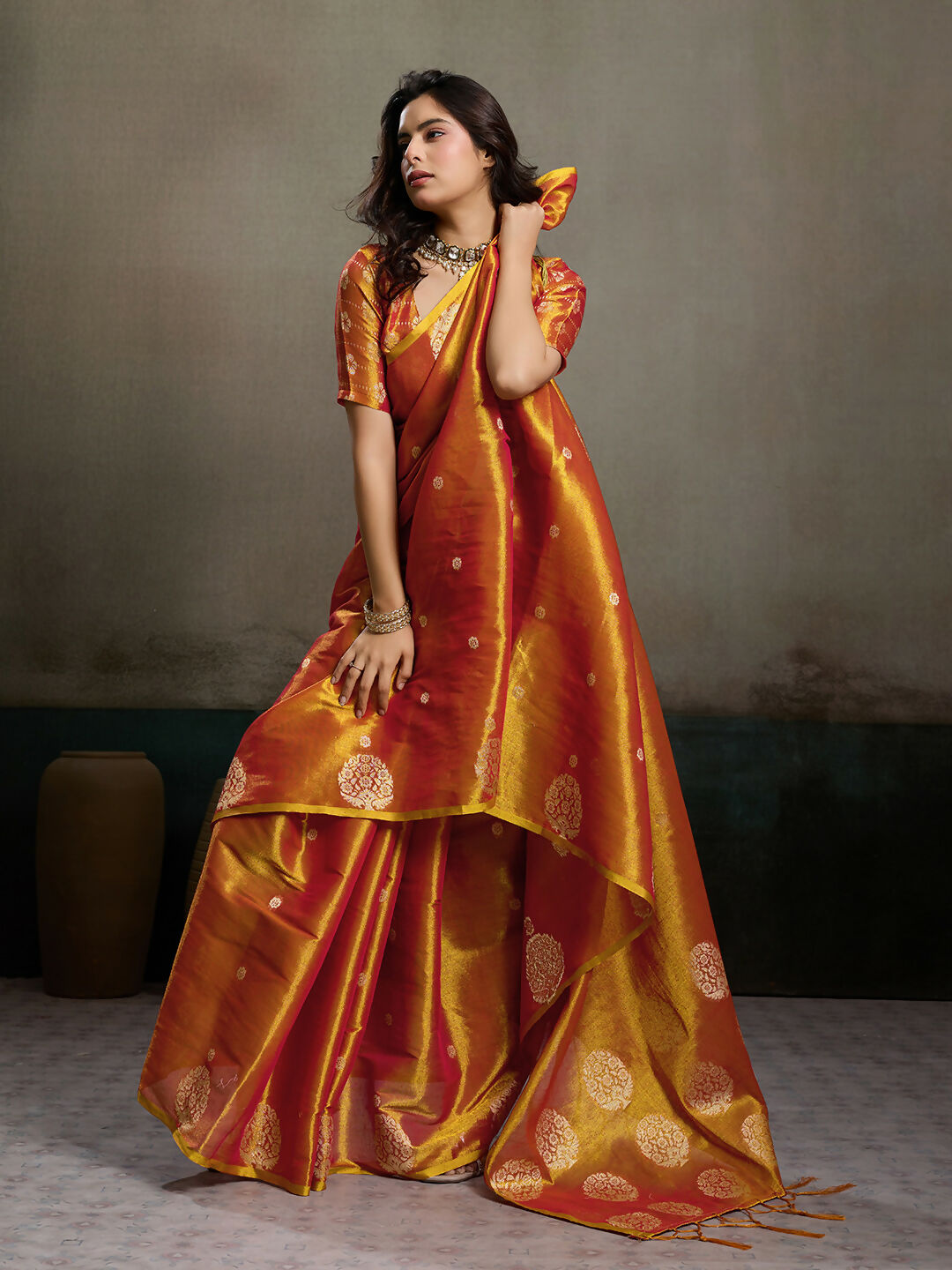 Shree Shyam Fashion Orange Tissue Silk Saree - Distacart