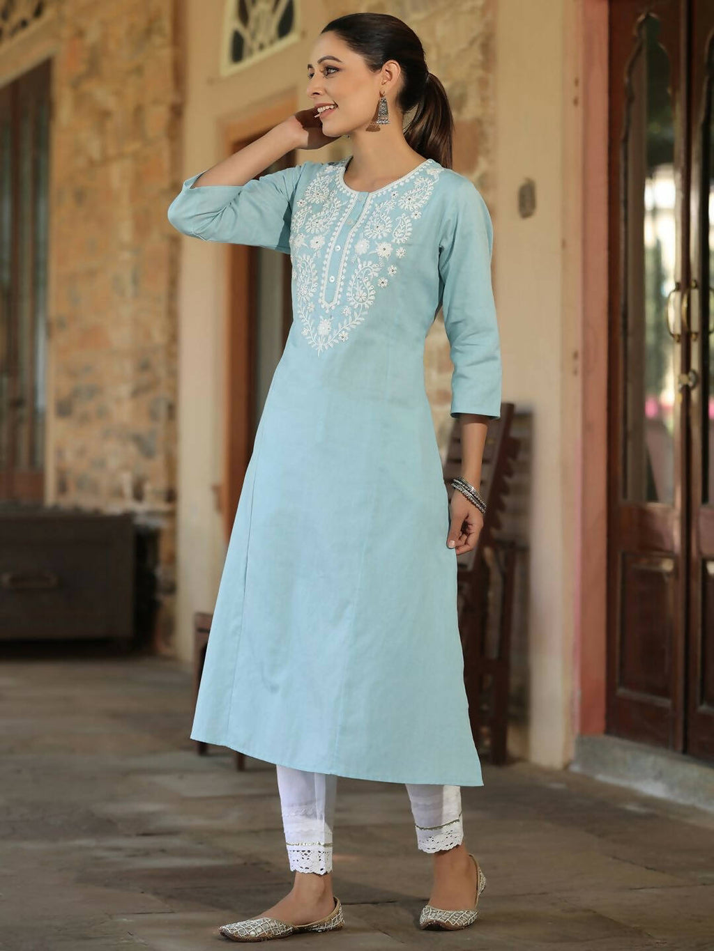 Juniper Women's Blue Cotton Flex Embroidered Straight Kurta - Distacart