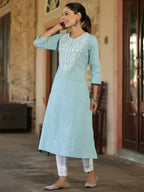 Juniper Women's Blue Cotton Flex Embroidered Straight Kurta - Distacart