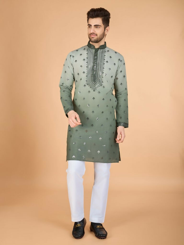 Vastranavya Ombre Green Premium Viscose Silk Thread & Sequence Embroidery work Kurta