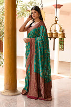 Joban Fashion Teal Green Crepe Chiffon Pure Handloom Banarasi Silk Saree