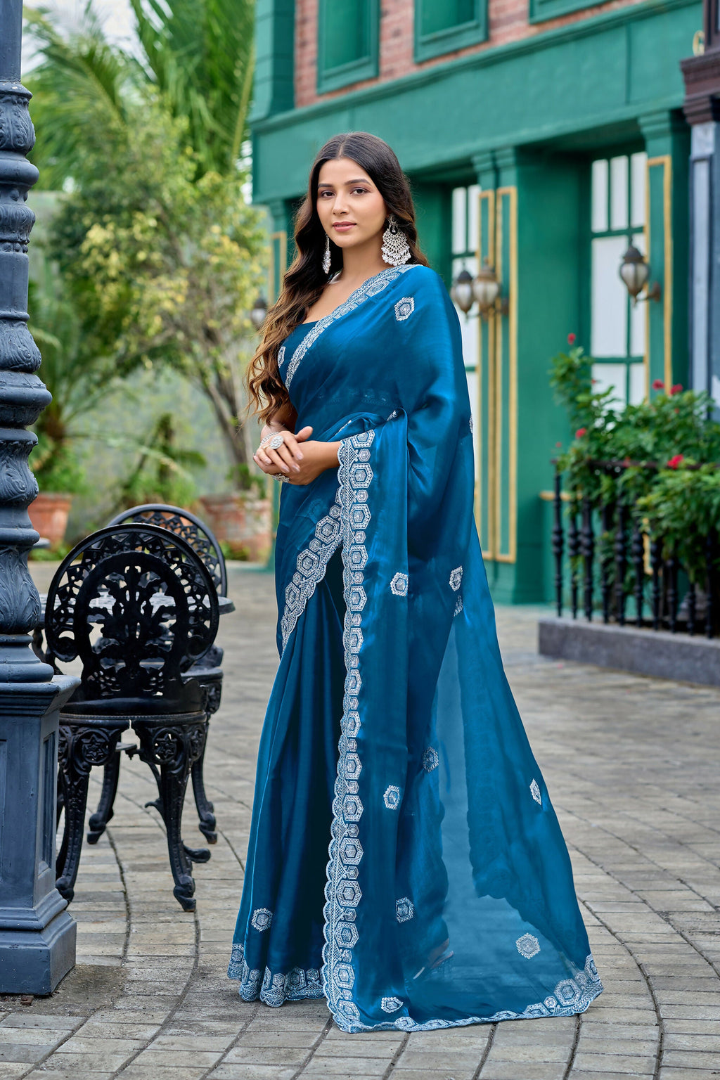 Vastranavya Teal Embroidery Work Shimmer Chiffon Saree with Unstitched Blouse - Distacart