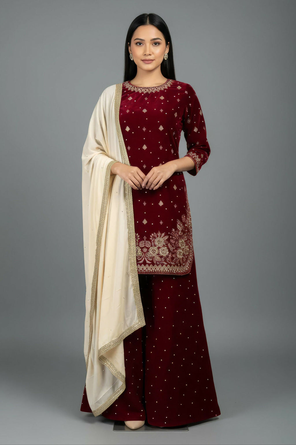 Joban Fashion Deep Maroon Velvet Embroidery Kurta Set - Distacart