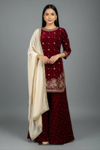 Joban Fashion Deep Maroon Velvet Embroidery Kurta Set - Distacart