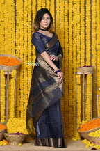 Very Much Indian Rajsi - Handloom Ari Checks Cotton Silk Saree With Golden Border - Indigo Blue