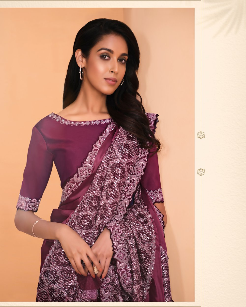 Maroon Satin Crepe Silk Embroidery with Digital Sequence Work Saree - Norita Helly