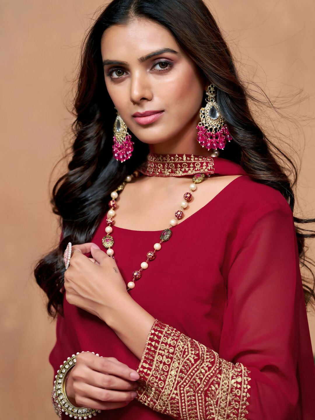 The52 Women's Beautiful Georgette Fabric Embroidery Work Straight Kurta Palazzo and Dupatta Set - Distacart