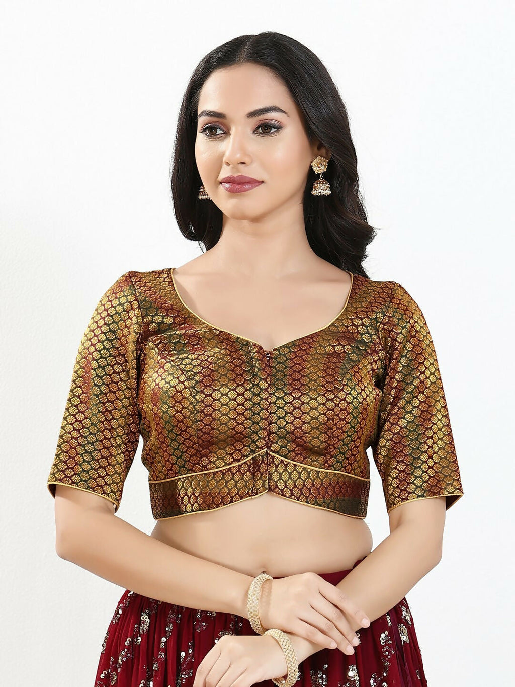 Joban Fashion Dark Maroon Brocade Padded Blouse With Sweetheart Neck Elbow Sleeves - Distacart