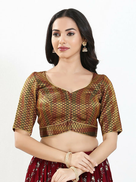 Joban Fashion Dark Maroon Brocade Padded Blouse With Sweetheart Neck Elbow Sleeves