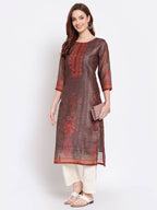 Myshka Women's Multi Printed Chanderi Silk 3/4 Sleeve Round Neck Casual Kurta