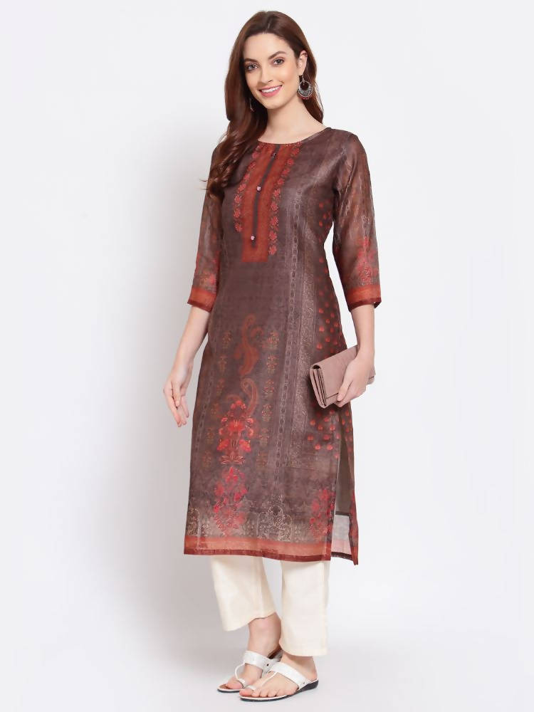 Myshka Women's Multi Printed Chanderi Silk 3/4 Sleeve Round Neck Casual Kurta