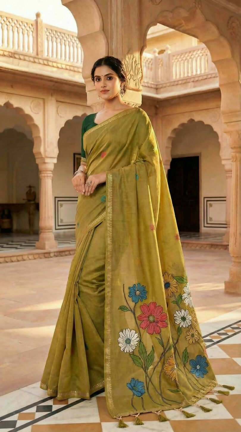 Vastranavya Yellow Muga Cotton Meenakari & Azarakh Pallu Saree with Contrast Blouse - Distacart