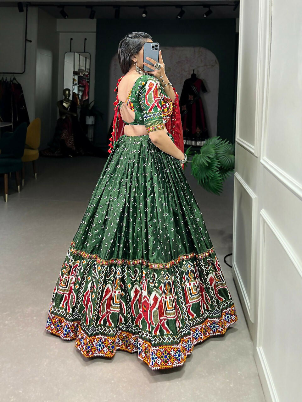 Vastranavya Navaratri Special Dola Silk Patola Print With Gamthi Work Lace Border Lehenga with Stitched Blouse - Green